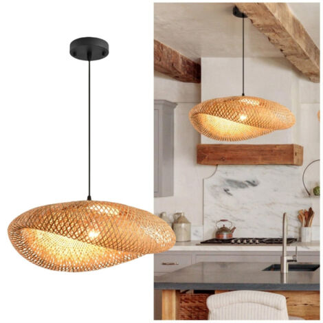 Lustre suspension en rotin et paille 80 cm – Style bohème vintage, luminaire E27 pour salon, chambre ou salle à manger, sans ampoule