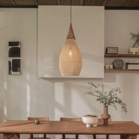 Suspension vintage en rotin 25 × 50 cm – Style bohème, luminaire en osier tissé à la main pour salle à manger ou salon, beige, sans ampoule