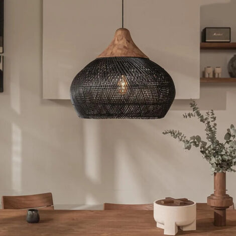 Suspension vintage en rotin JOYINLED, abat-jour en osier tressé à la main, noir, 60 cm, pour salle à manger ou salon. Ampoule E27.