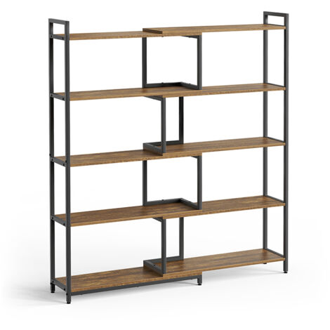 Mondeer – Bibliothèque à 5 niveaux ajustable 80-146 cm – Étagère d'angle style industriel – Capacité 10 kg par étagère – Marron vintage (1/5)