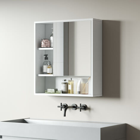 Armoire de Toilette, Miroir Mural Salle de Bain avec étagère Réglable, Blanc, 80x60x16cm Armoire de Toilette, Miroir Mural Salle de Bain avec étagère Réglable, Blanc, 80x60x16cm