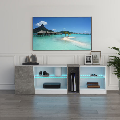 Mondeer – Meuble TV LED blanc et gris – 5 compartiments ouverts – 1 porte – Dimensions L140 x H45 x P37,5 cm – Verre trempé – Charge max 60 kg