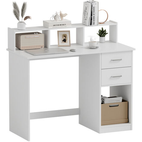 Bureau droit bureau d'ordinateur avec Étagères de rangement et 2 tiroirs 105x94x48cm Blanc Mondeer