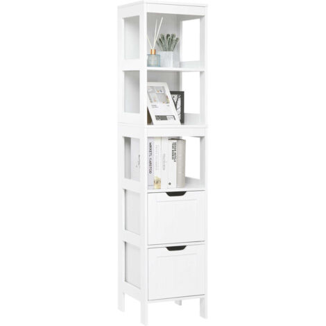 Mondeer – Colonne de salle de bain étanche 2 tiroirs 3 étagères – MDF E1 blanc – Conception surélevée pour rangement – Système anti-basculement