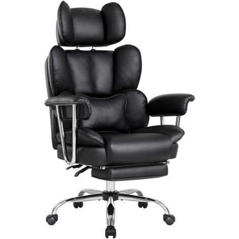 IWMH Chaise de Bureau à Dossier Grand avec Coussin Lombaire, Chaise de Direction avec Repose-Pieds Extensible et Accoudoirs, Fauteuil Ergonomique avec Appui-tête Réglable en Hauteur - PU - Noir