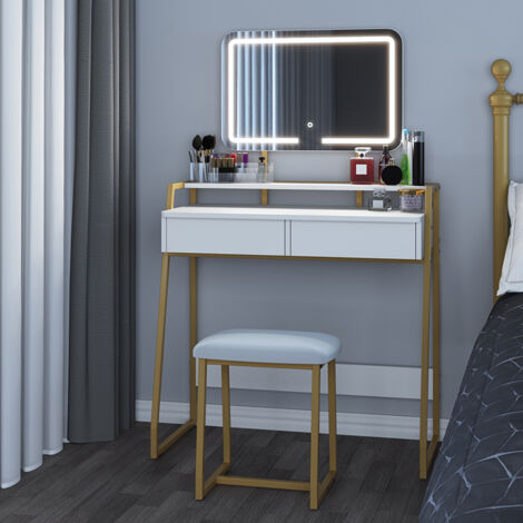 Mondeer – Coiffeuse moderne avec miroir LED – Luminosité réglable – Cadre métal blanc et or – 84 x 142 x 42,5 cm – 2 tiroirs et tabouret rembourré
