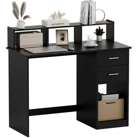 Bureau droit bureau d'ordinateur avec Étagères de rangement et 2 tiroirs 105x94x48cm noir Mondeer