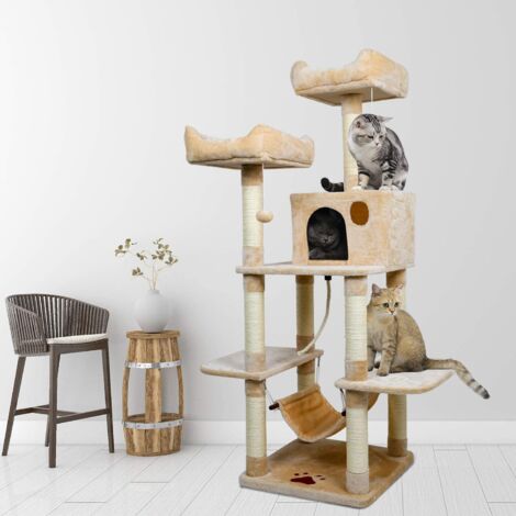 Mondeer – Arbre à chat 150 cm avec 4 niveaux – Grande grotte et hamac – Troncs épais en sisal – Pour chats de taille normale – Beige (1/5)