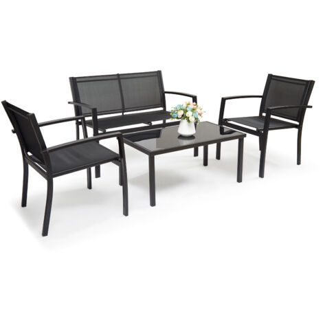 Salon de jardin ensemble de salon de jardin extérieur meuble de jardin 4 pièces 3 chaises et 1 table en verre trempé pour jardin balcon noir Mondeer