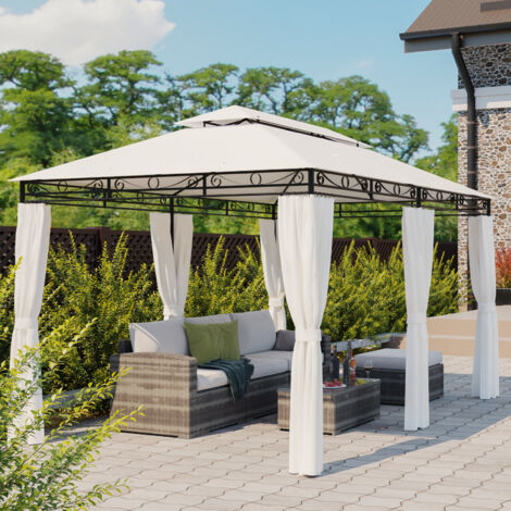 Mondeer Tonnelle de Jardin 3x4m, Pavillon de Jardin pour Industrie Lourde avec 6 Rideaux Latéraux Cadre en Métal Bâches de toit 180g/㎡, Style Moderne et Luxueux, Beige