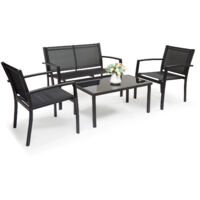 Mondeer – Salon de jardin 4 pièces – 3 chaises en tissu textilène – Table en verre trempé 90x50cm – Design ergonomique noir