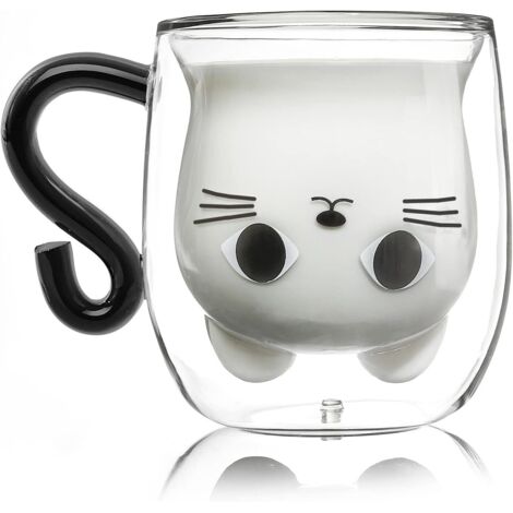 Tazza da caffè a forma di gatto, in vetro a doppia parete, per San Valentino, Festa della mamma, Compleanno (1/5)