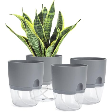 Vaso da fiori autoirrigante per interni, vasi da fiori con sistema di irrigazione grigio (4 pezzi)