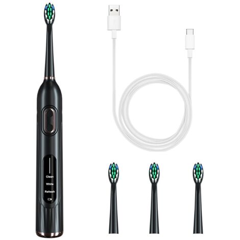 Spazzolino elettrico, 36000 oscillazioni/min, 3 modalità, resistente all'acqua, design ergonomico, 4 testine incluse, nero
