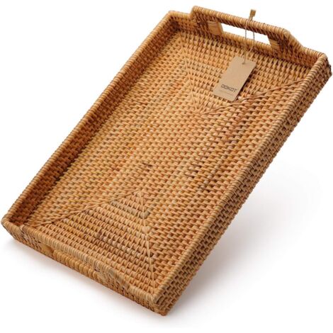 Vassoio rettangolare in rattan intrecciato a mano con manici per colazione, bevande, snack per tavolino da caffè