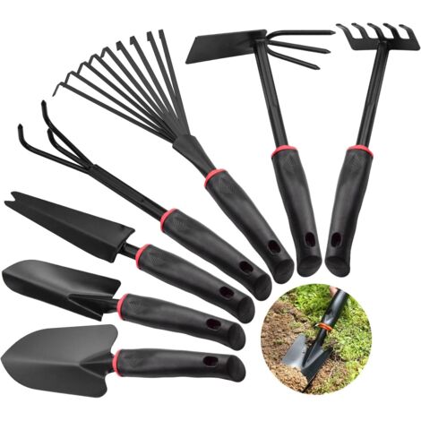 Set di 7 attrezzi da giardinaggio, coltivatore, rastrello, pala, giardinaggio, trapiantatori antiscivolo, rastrello per fiori, potatura di piantine