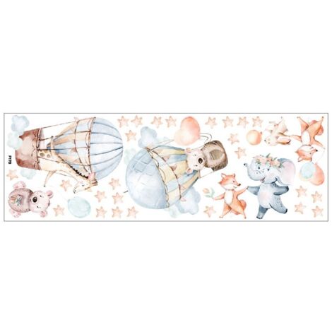 Adesivo decorativo da parete per bambini, mongolfiera con animali dei cartoni animati, non attacca il muro, riutilizzabile, resistente ai graffi e all'acqua, rimovibile, 90x30 cm, multicolore