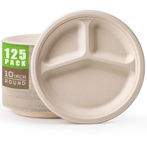 Piatti di carta compostabili da 10 pollici, piatti a 3 scomparti, confezione da 125, piatti resistenti, piatti monouso divisi, piatti ecologici in fibra di canna da zucchero naturale riciclata (1/5)