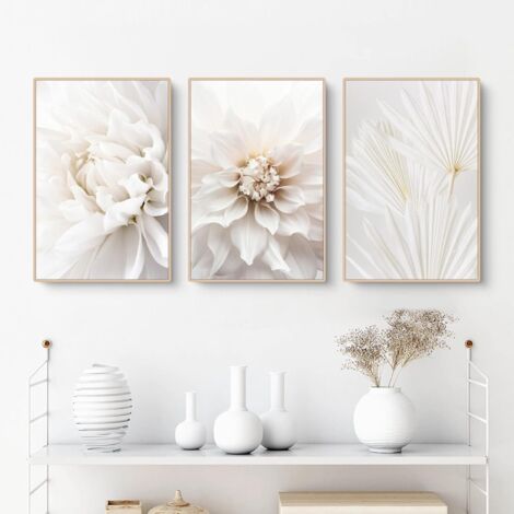 Set di 3 poster, quadri di rose bianche, quadri moderni su tela, senza cornice, quadri da parete