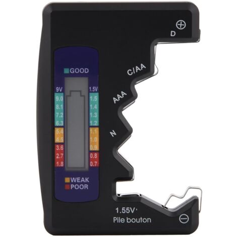 Mini comprobador de batería ABS con pantalla LCD para baterías tipo D, CN 5/7/N, LR44 (pila de botón de 1,5 V), 9 V, 6F22 (negro)