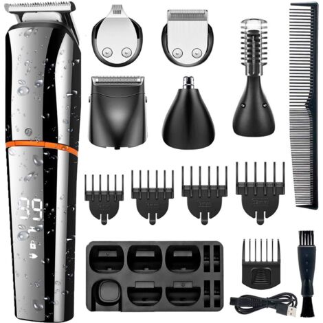 Recortador de barba para hombre, cortapelos inalámbrico profesional, kit de cuidado para el vello nasal, afeitadoras 6 en 1 para hombre, impermeable, recargable por USB, con pantalla LED para cuerpo, (1/5)