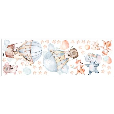 Vinilo decorativo infantil de globo aerostático con animales de dibujos animados, no ataca la pared, reutilizable, resistente a arañazos y al agua, extraíble, 90x30 cm, multicolor (1/5)