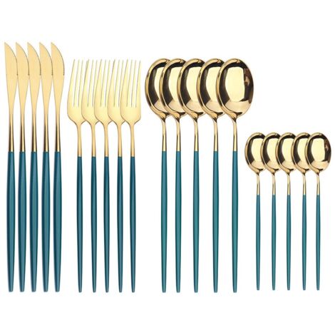 Juego de 20 cubiertos, acero inoxidable, acabado mate, cuchillo de cena principal 6, tenedor de cena principal 6, mesa de cena principal 6, cuchara de té 6, caja de regalo premium, verde / dorado (1/5)