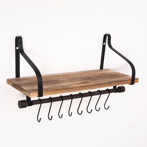 Estantes de pared para cocina, organizador de cocina de madera rústica con riel de madera y 8 ganchos extraíbles para organizar utensilios de cocina.