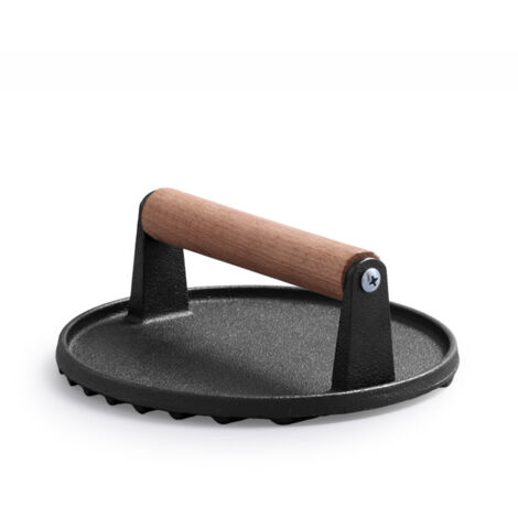 Prensa para hamburguesas redonda de 18 cm, de hierro fundido resistente, para carne y filetes con mango de madera, para parrillas Blackstone Camp Chef Pitboss Weber (redonda) (1/5)