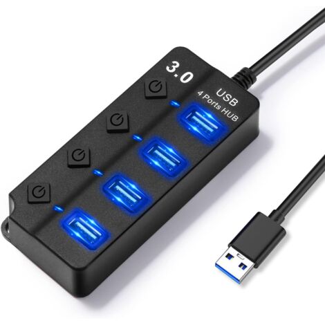 Concentrador USB 3.0, regleta de enchufes USB 4 en 1 con luz LED, múltiples puertos USB para transferencia de datos y carga (1/5)