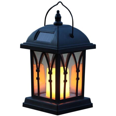 Luces festivas, faroles solares decorativos para exteriores en negro mate con iluminación LED y efecto parpadeante, resistentes al agua.