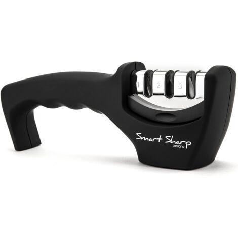 Afilador trifásico Smart Sharp para cuchillos de cocina - Resultados profesionales/Diseño ergonómico - Piedra cerámica/carburo de tungsteno/diamante - Acabado negro/cromado