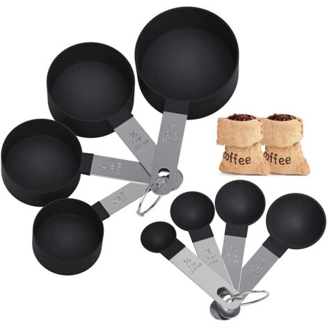 Juego de 8 cucharas medidoras y tazas medidoras con asas de acero inoxidable para líquidos y sólidos (negro) (1/5)