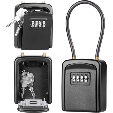 Caja de llaves de cable de acero, combinación de 4 dígitos, caja de llaves de seguridad para exteriores, impermeable, color negro (1/5)