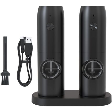 Juego de 2 molinillos eléctricos de sal y pimienta, acero inoxidable, nivel de molienda ajustable, tipo C, con compartimento de almacenamiento transparente, color negro (1/5)