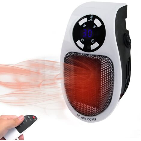 Calentador eléctrico mini de 350 W con enchufe, sistema termostático, pantalla LED y protección contra sobrecalentamiento.