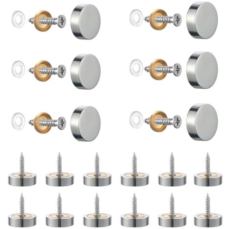 20 tornillos de acero inoxidable cepillado con tapas decorativas para espejos, mesas, platos, armarios y paneles de vidrio. Plateados, 14 mm. (1/5)