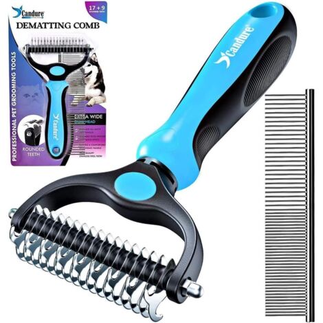 Cepillo profesional para perros y gatos de pelo largo, rastrillo de aseo para perros con dientes de doble cara 17+9, elimina enredos, nudos y pelo enredado (azul) (1/5)