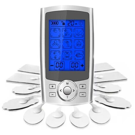 Masajeador de electroestimulación, pantalla, 12 electrodos, 24 modos de masaje, 20 niveles de intensidad, portátil, plata/gris