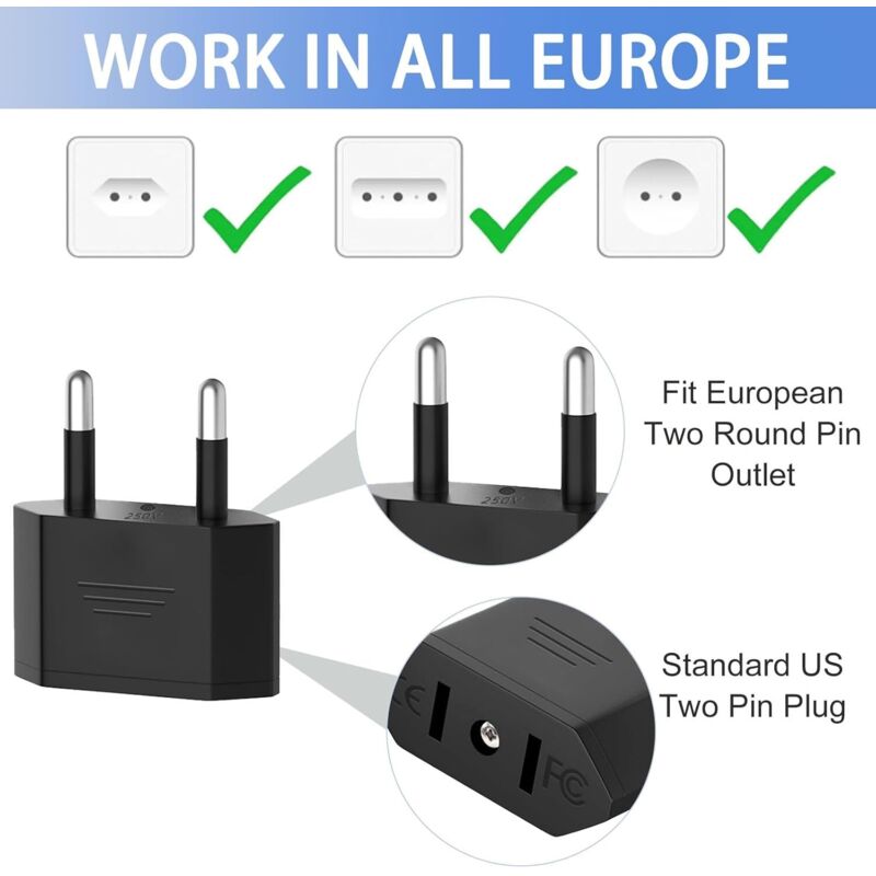 Adaptateur Prise France Vers USA – 4 Pièces, Voyage, Convertisseur US/EU Universel (Noir/Blanc)