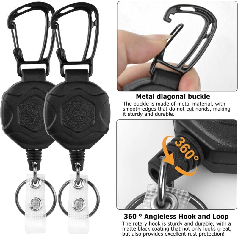 Porte-Badge Rétractable Avec Mousqueton - Lot De 2, Nylon/Métal/ABS, Pour Travail