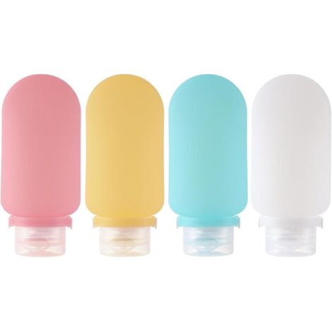 Sollbry 4 Pièces Contenant Voyage 90ml, Kit Flacon de Voyage Produit Toilette en Silicone Bouteille Voyage, Voyage Accessoires Rechargeable pour Shampoing Liquides Savon Crème Lotion Gel Douche (1/5)