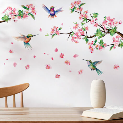Sollbry Stickers muraux Oiseau Fleurs Fleur de pêche Sticker Mural Stickers Chambre d'enfant Salon Chambre à Coucher