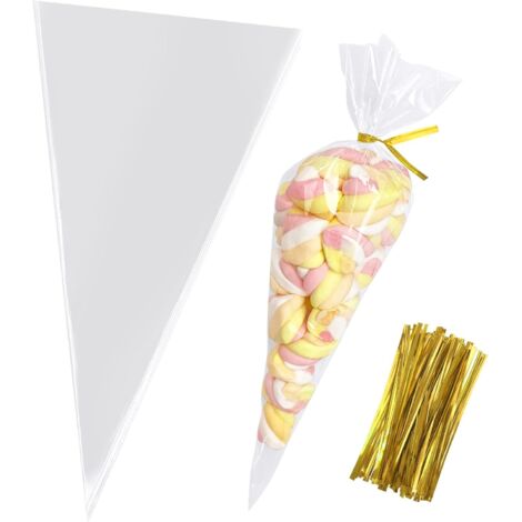 Sollbry Sacs de friandises en forme de cône, 1630100 sacs de friandises en cellophane transparent en forme de cône, sacs en plastique triangulaires coniques pour friandises, faveur de pop-corn, bonbon (1/4)
