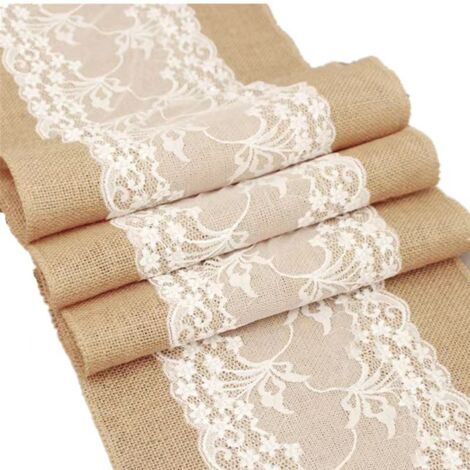 Sollbry – Chemin de table en jute 275cm x 30cm – Dentelle blanche élégante – Résistant aux taches – Décoration mariage et événements