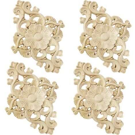 Sollbry – Lot de 4 décorations en bois sculpté 15 x 10,5 cm – Pour meubles, murs, portes – Bois de caoutchouc naturel – Décoration DIY (1/5)