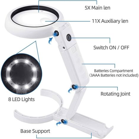 Loupe éclairante Sur Pied Avec 8 LED - Grossissement 5x - Pour Lecture Et Travaux De Précision - Neuf