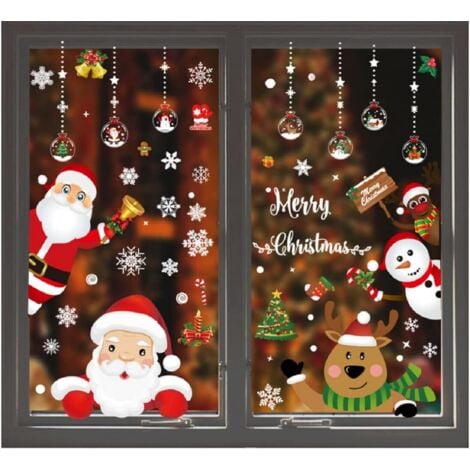 Autocollants Fenêtre Noël Décoration Adhésive Avec Flocons De Neige,Père Noël Et Renne Stickers Décoratifs Sans Trace Pour Vitre - Maison