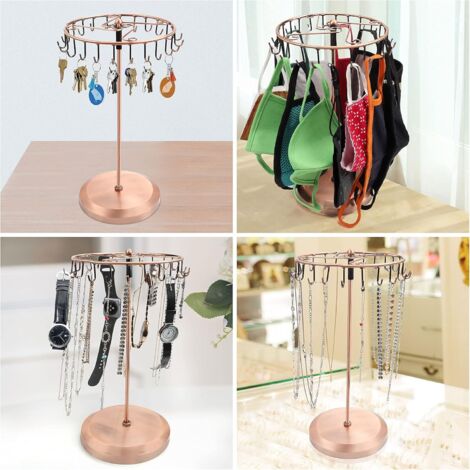 Organisateur à Bijoux Rotatif Métal Doré – Avec Nombreux Crochets – Pour Colliers, Boucles D'oreilles – Design élégant Gain De Place – Dimensions 30,5x20x20 Cm - 2