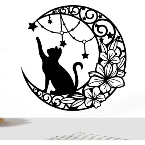 Déco Murale Métal Chat & Femme - Silhouette Romantique Minimaliste Noire 40x25 Cm Pour Salon & Chambre